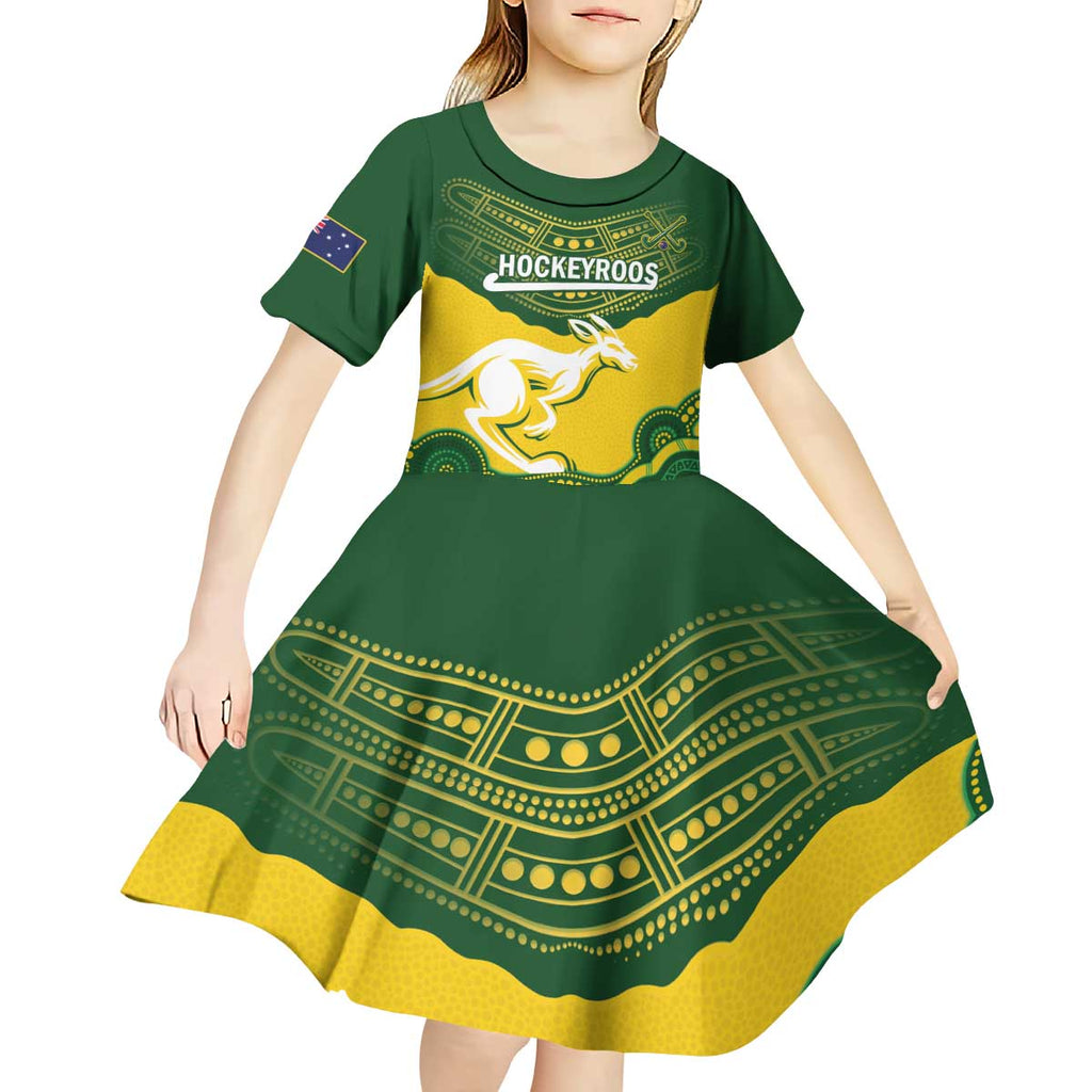 Custom Australia Hockeyroos Kid Short Sleeve Dress Aussie Kangaroo Indigenous Art