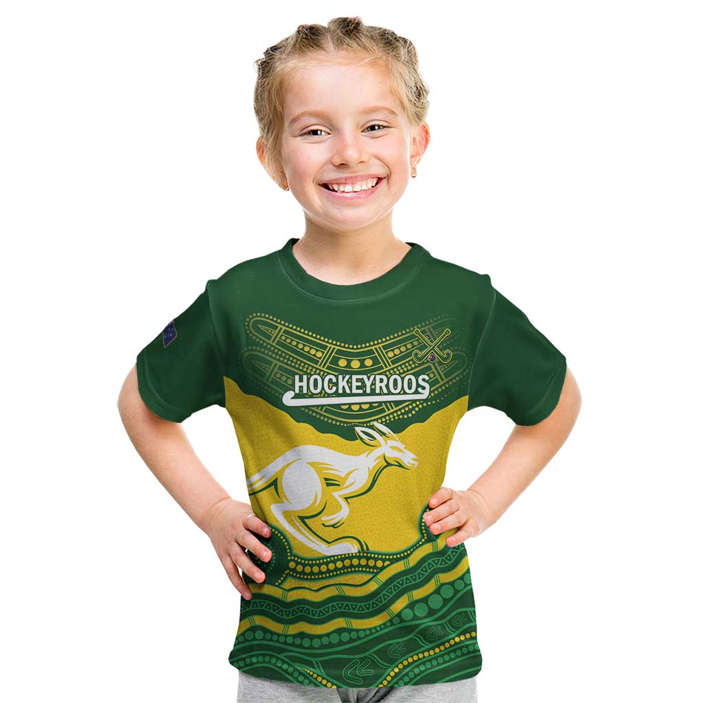 Custom Australia Hockeyroos Kid T Shirt Aussie Kangaroo Indigenous Art