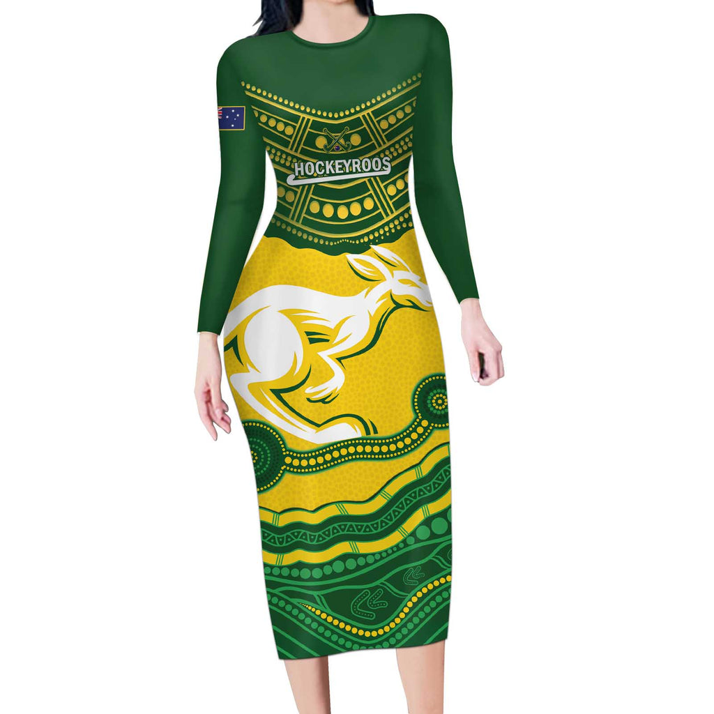 Custom Australia Hockeyroos Long Sleeve Bodycon Dress Aussie Kangaroo Indigenous Art