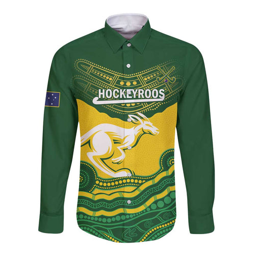 Custom Australia Hockeyroos Long Sleeve Button Shirt Aussie Kangaroo Indigenous Art