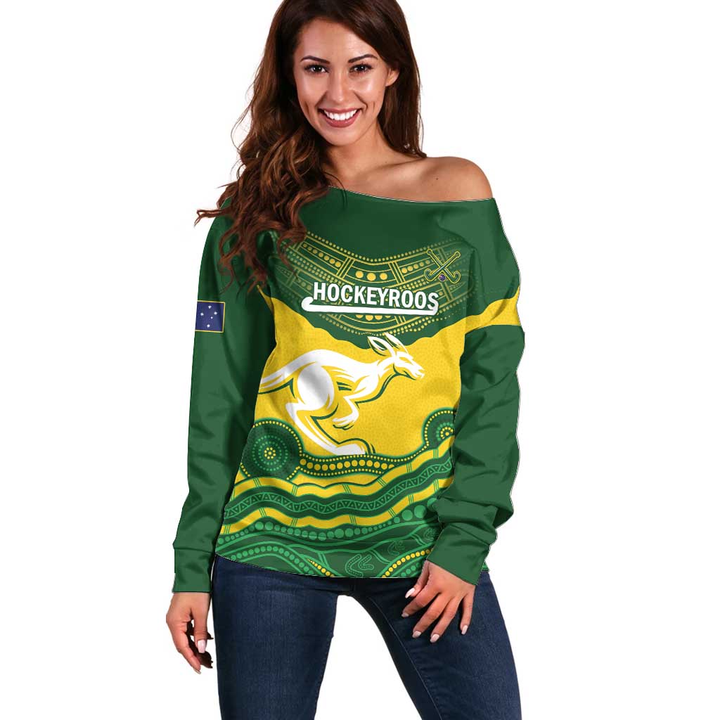 Custom Australia Hockeyroos Off Shoulder Sweater Aussie Kangaroo Indigenous Art