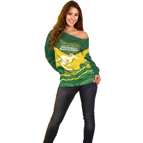 Custom Australia Hockeyroos Off Shoulder Sweater Aussie Kangaroo Indigenous Art