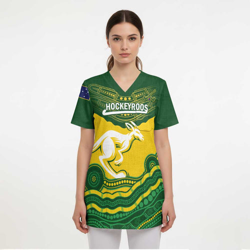 Custom Australia Hockeyroos Scrub Top Aussie Kangaroo Indigenous Art - Aussie Hoodie