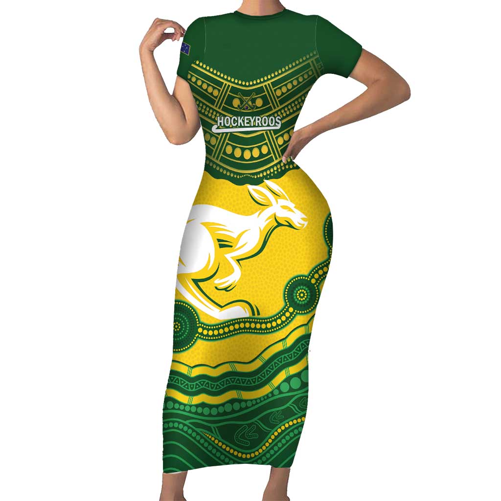 Custom Australia Hockeyroos Short Sleeve Bodycon Dress Aussie Kangaroo Indigenous Art