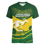Custom Australia Hockeyroos Women V-Neck T-Shirt Aussie Kangaroo Indigenous Art