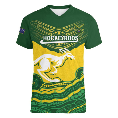 Custom Australia Hockeyroos Women V-Neck T-Shirt Aussie Kangaroo Indigenous Art