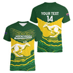 Custom Australia Hockeyroos Women V-Neck T-Shirt Aussie Kangaroo Indigenous Art
