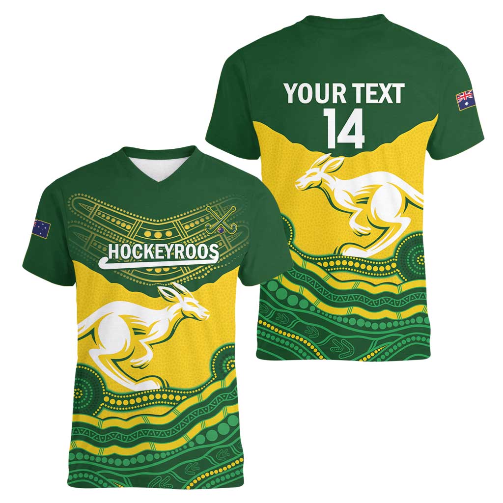 Custom Australia Hockeyroos Women V-Neck T-Shirt Aussie Kangaroo Indigenous Art