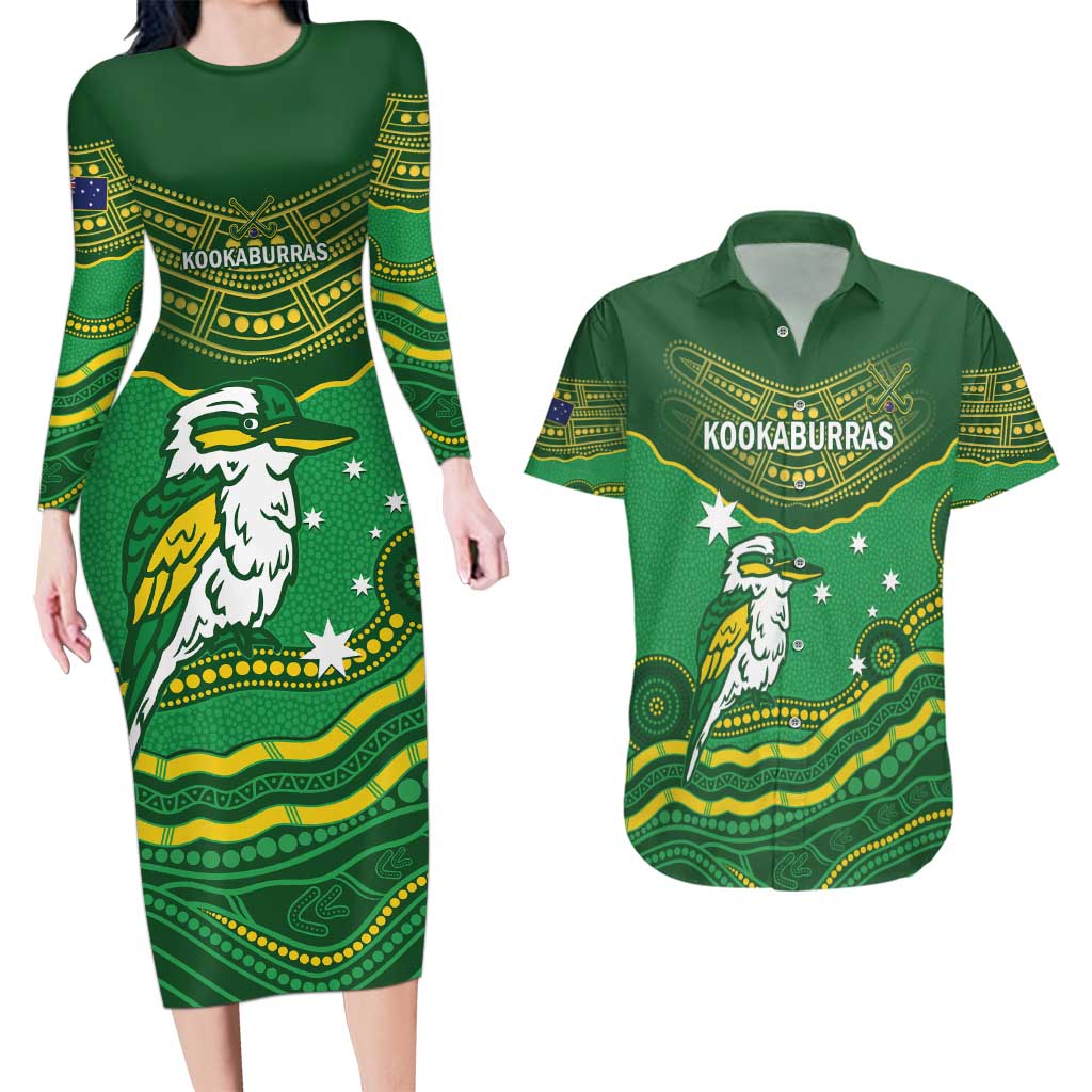 Custom Australia Kookaburras Couples Matching Long Sleeve Bodycon Dress and Hawaiian Shirt Indigenous Art