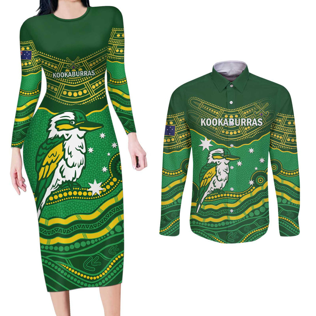 Custom Australia Kookaburras Couples Matching Long Sleeve Bodycon Dress and Long Sleeve Button Shirt Indigenous Art