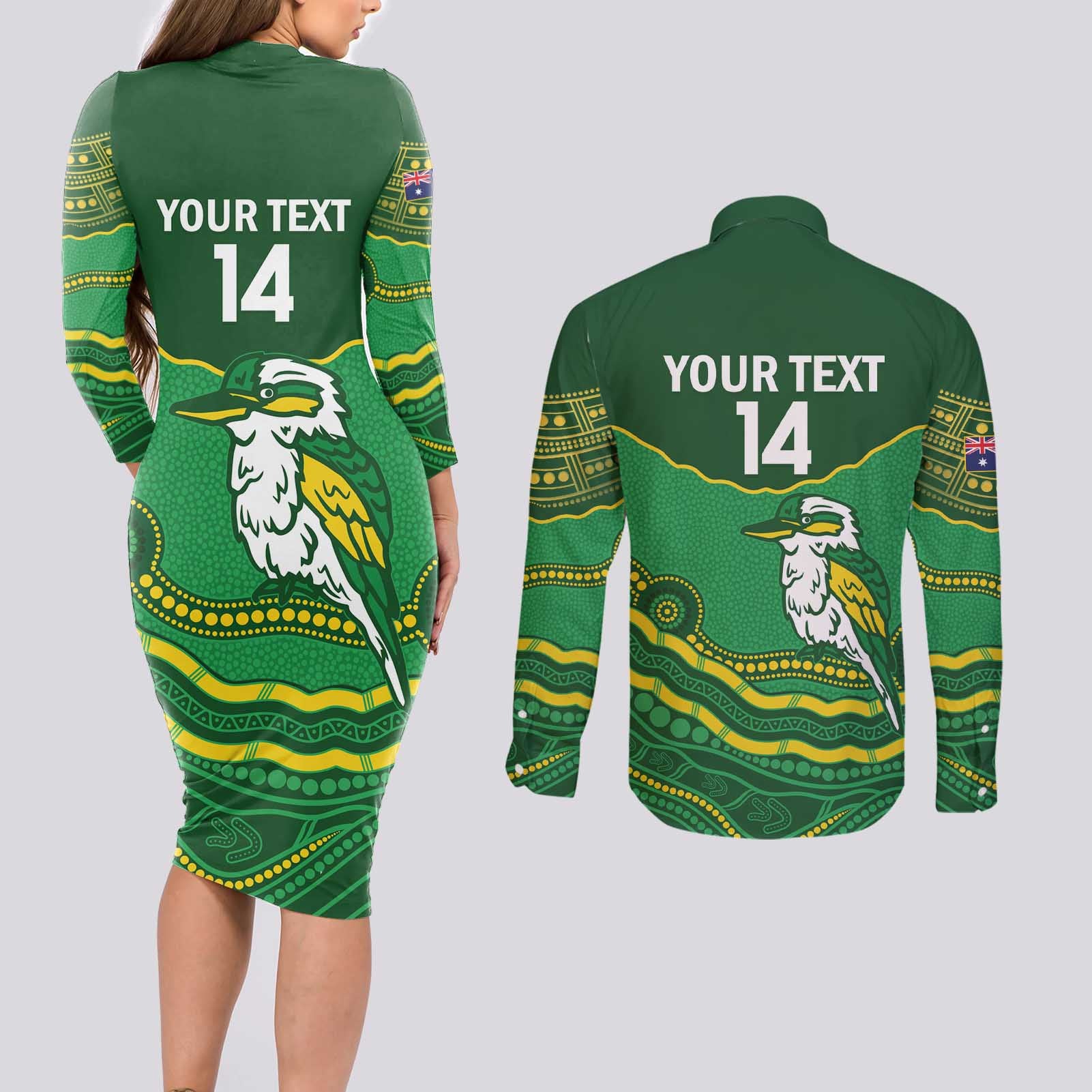 Custom Australia Kookaburras Couples Matching Long Sleeve Bodycon Dress and Long Sleeve Button Shirt Indigenous Art