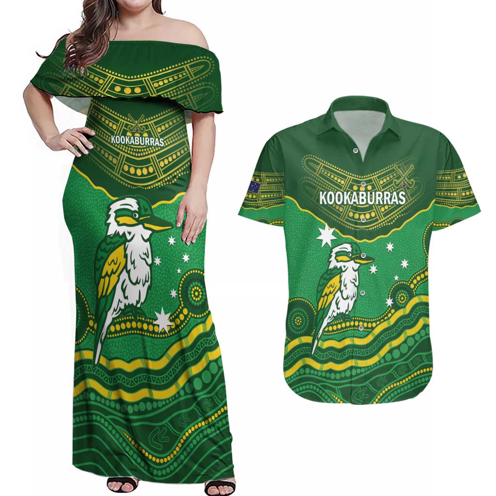 Custom Australia Kookaburras Couples Matching Off Shoulder Maxi Dress and Hawaiian Shirt Indigenous Art