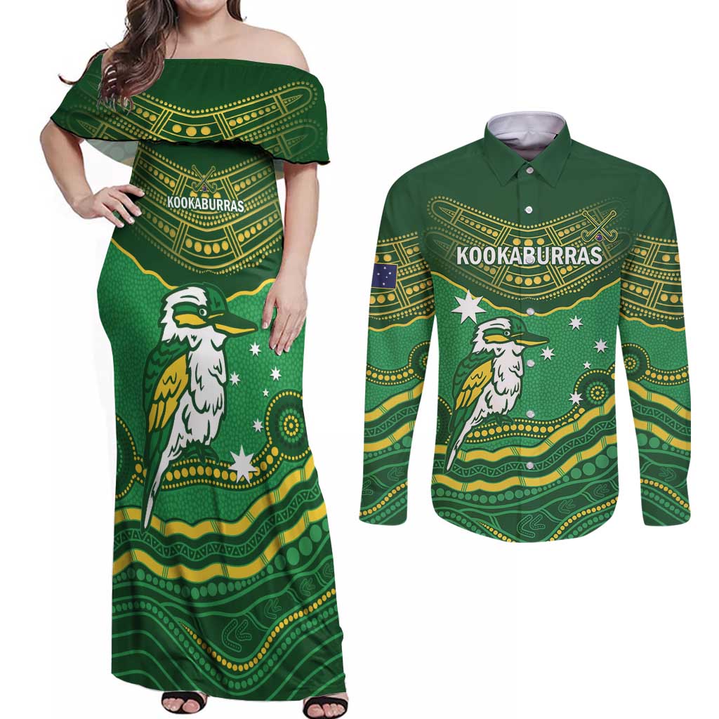 Custom Australia Kookaburras Couples Matching Off Shoulder Maxi Dress and Long Sleeve Button Shirt Indigenous Art
