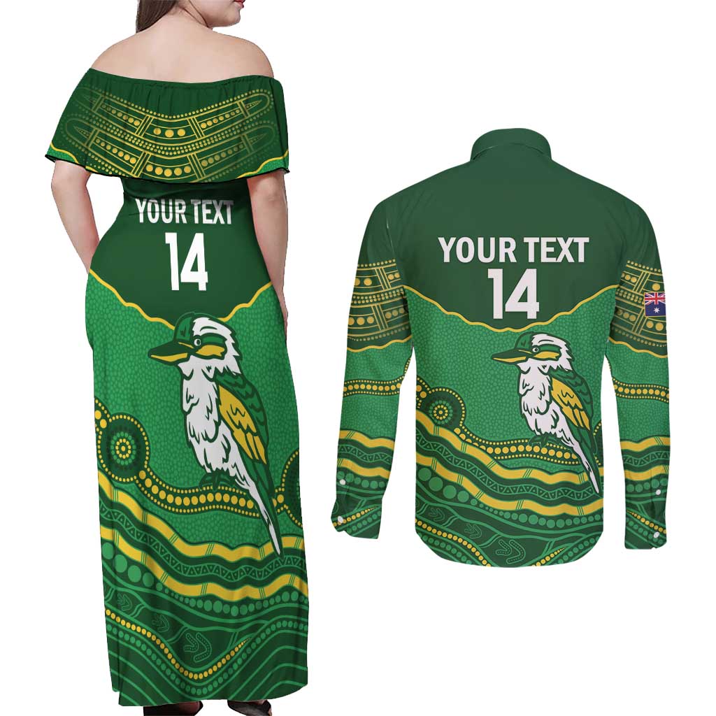 Custom Australia Kookaburras Couples Matching Off Shoulder Maxi Dress and Long Sleeve Button Shirt Indigenous Art