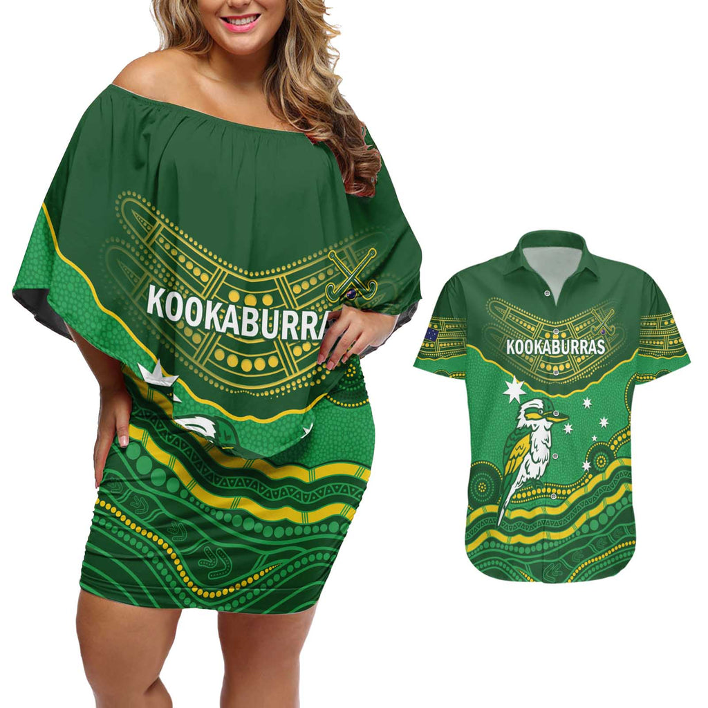 Custom Australia Kookaburras Couples Matching Off Shoulder Short Dress and Hawaiian Shirt Indigenous Art