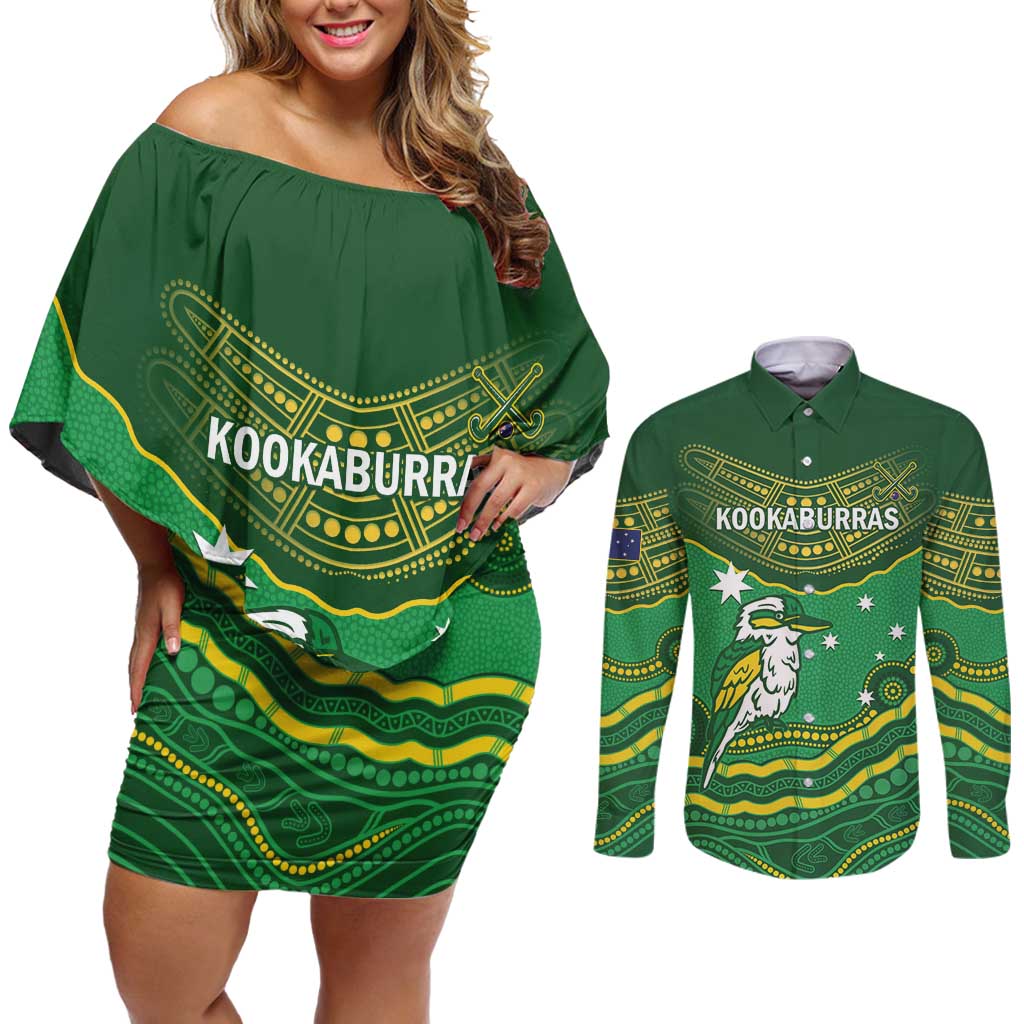 Custom Australia Kookaburras Couples Matching Off Shoulder Short Dress and Long Sleeve Button Shirt Indigenous Art