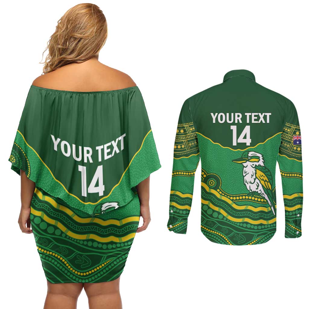 Custom Australia Kookaburras Couples Matching Off Shoulder Short Dress and Long Sleeve Button Shirt Indigenous Art