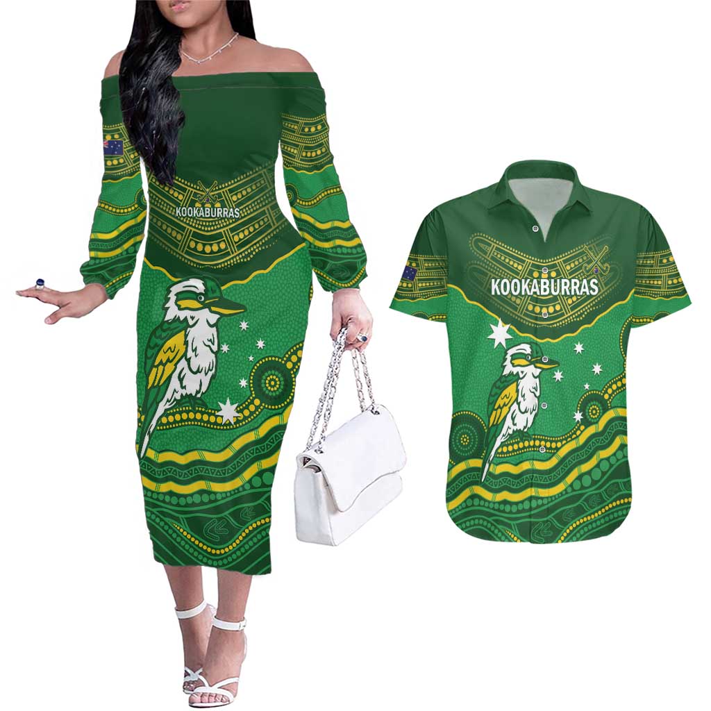 Custom Australia Kookaburras Couples Matching Off The Shoulder Long Sleeve Dress and Hawaiian Shirt Indigenous Art