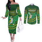 Custom Australia Kookaburras Couples Matching Off The Shoulder Long Sleeve Dress and Long Sleeve Button Shirt Indigenous Art