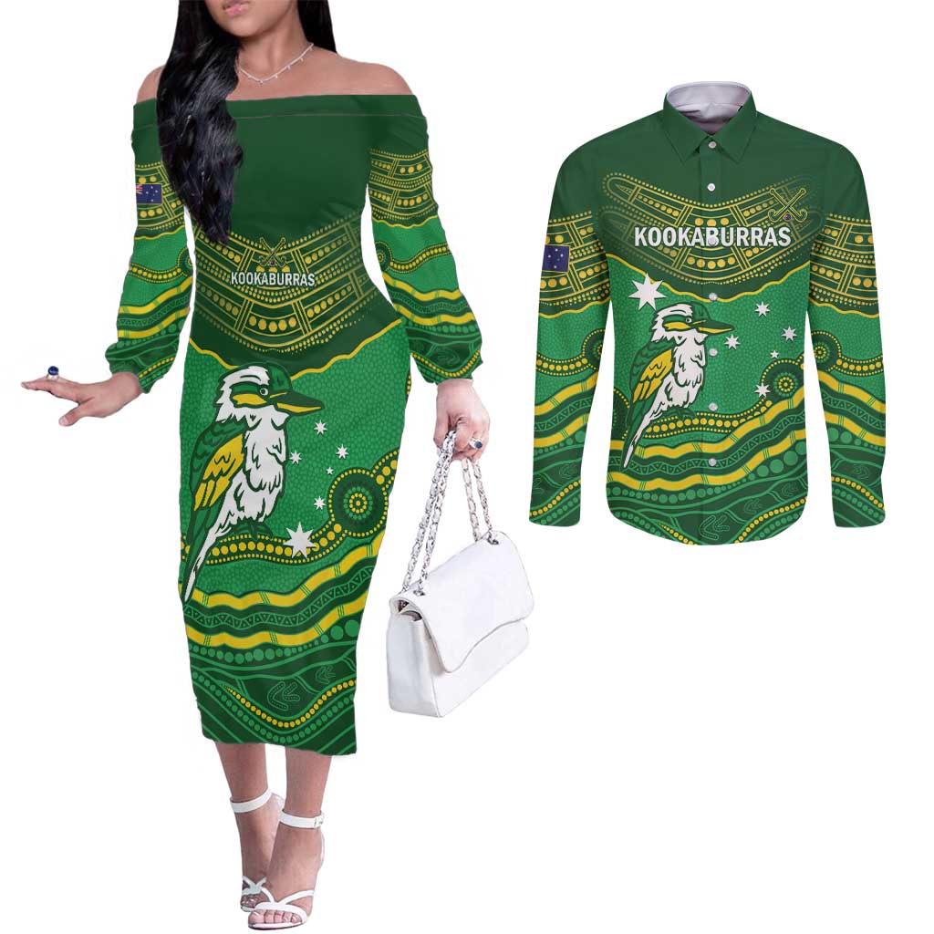 Custom Australia Kookaburras Couples Matching Off The Shoulder Long Sleeve Dress and Long Sleeve Button Shirt Indigenous Art