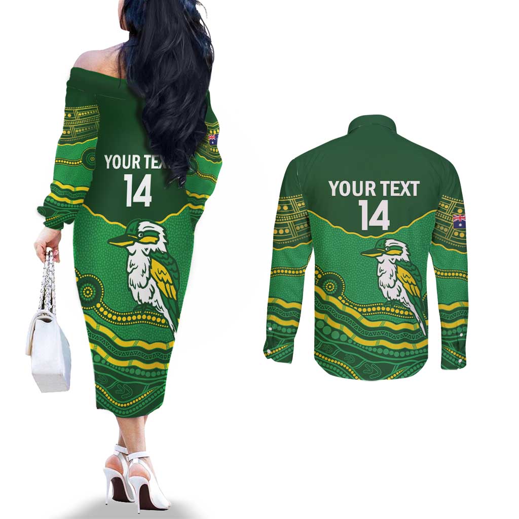 Custom Australia Kookaburras Couples Matching Off The Shoulder Long Sleeve Dress and Long Sleeve Button Shirt Indigenous Art