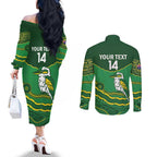 Custom Australia Kookaburras Couples Matching Off The Shoulder Long Sleeve Dress and Long Sleeve Button Shirt Indigenous Art