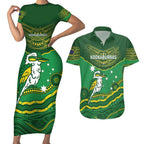 Custom Australia Kookaburras Couples Matching Short Sleeve Bodycon Dress and Hawaiian Shirt Indigenous Art