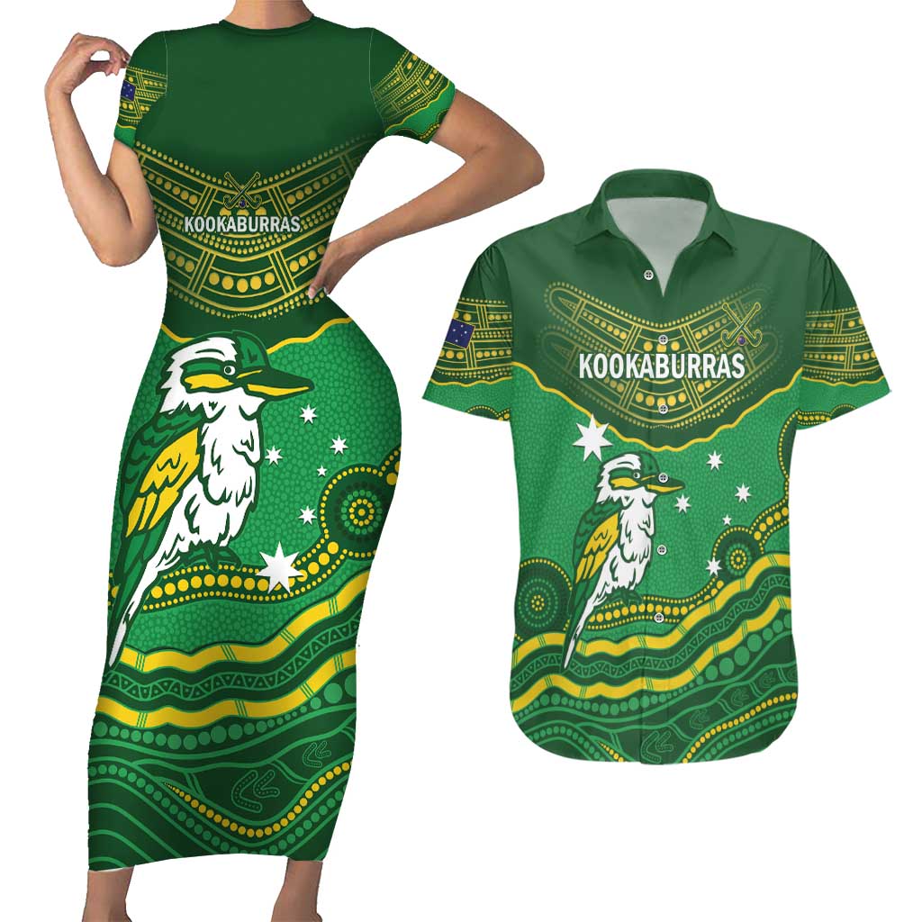 Custom Australia Kookaburras Couples Matching Short Sleeve Bodycon Dress and Hawaiian Shirt Indigenous Art