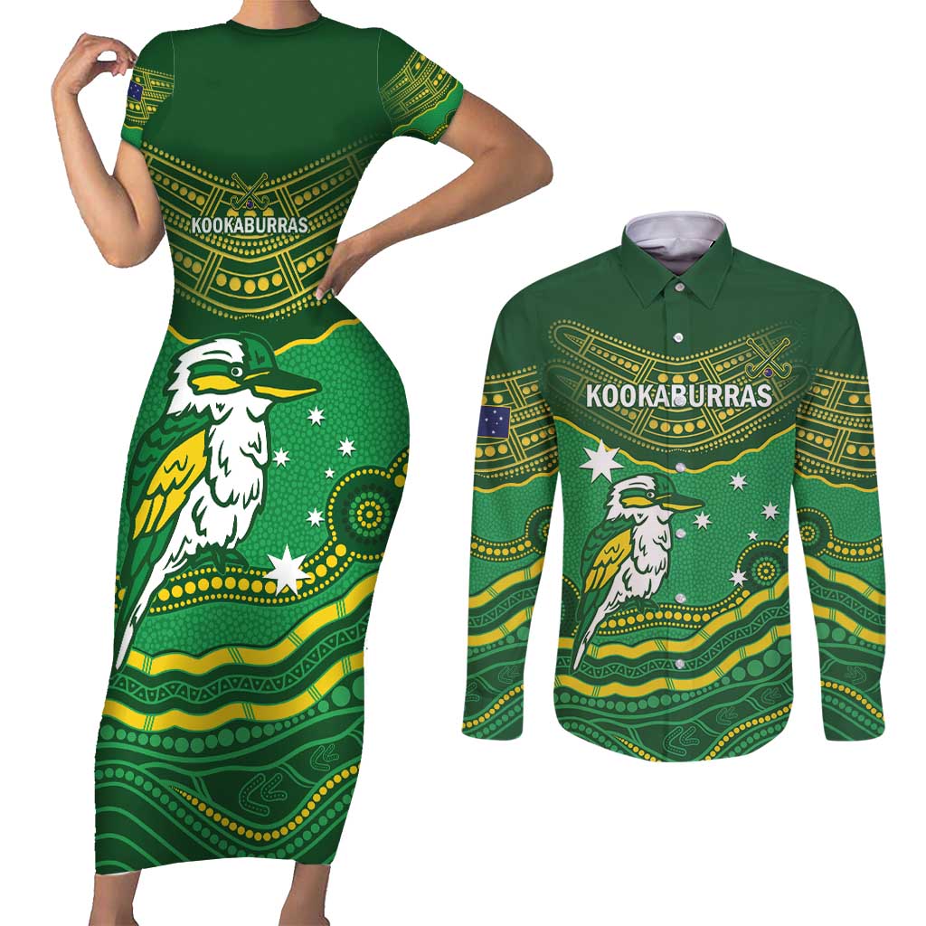 Custom Australia Kookaburras Couples Matching Short Sleeve Bodycon Dress and Long Sleeve Button Shirt Indigenous Art