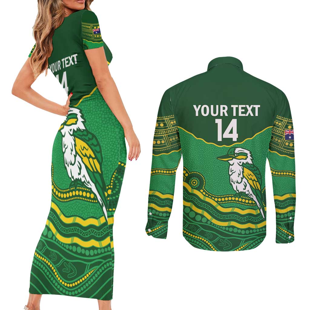 Custom Australia Kookaburras Couples Matching Short Sleeve Bodycon Dress and Long Sleeve Button Shirt Indigenous Art