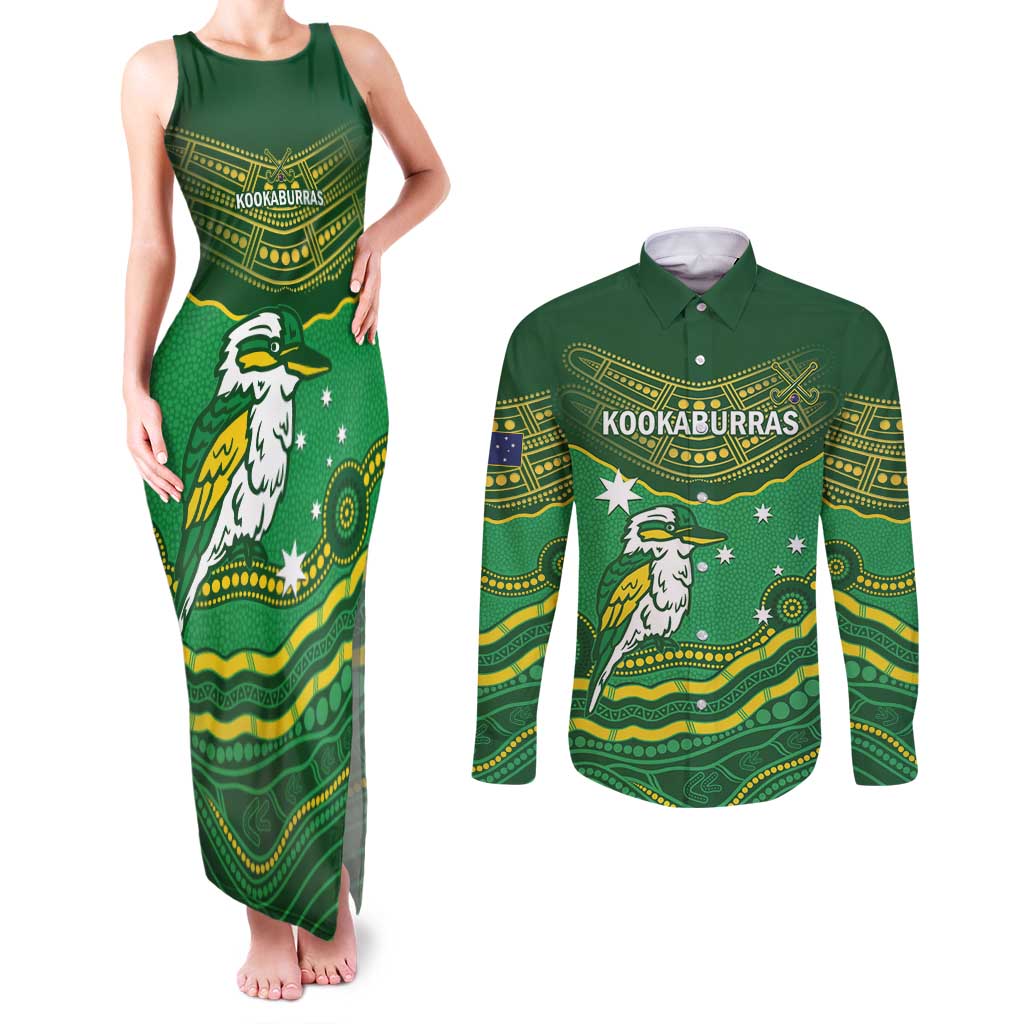 Custom Australia Kookaburras Couples Matching Tank Maxi Dress and Long Sleeve Button Shirt Indigenous Art