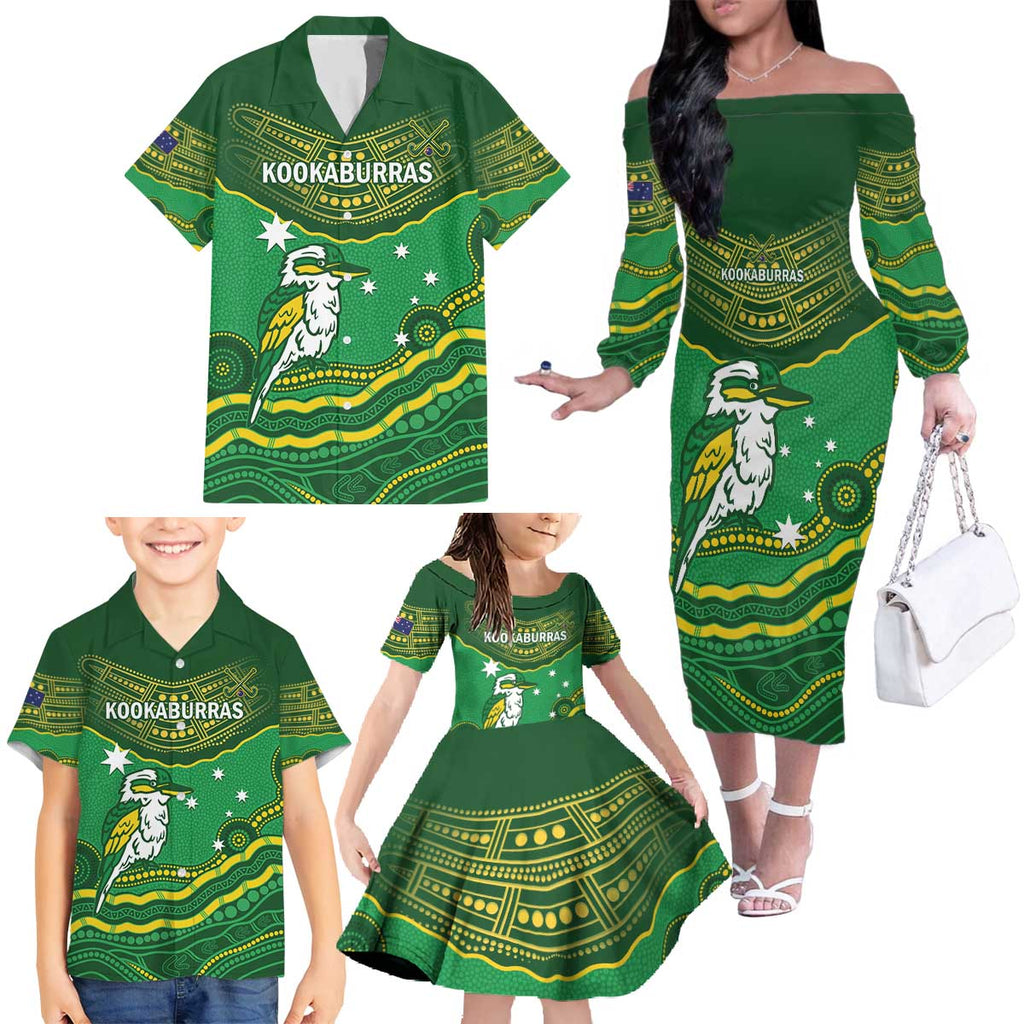 Custom Australia Kookaburras Family Matching Off The Shoulder Long Sleeve Dress and Hawaiian Shirt Indigenous Art