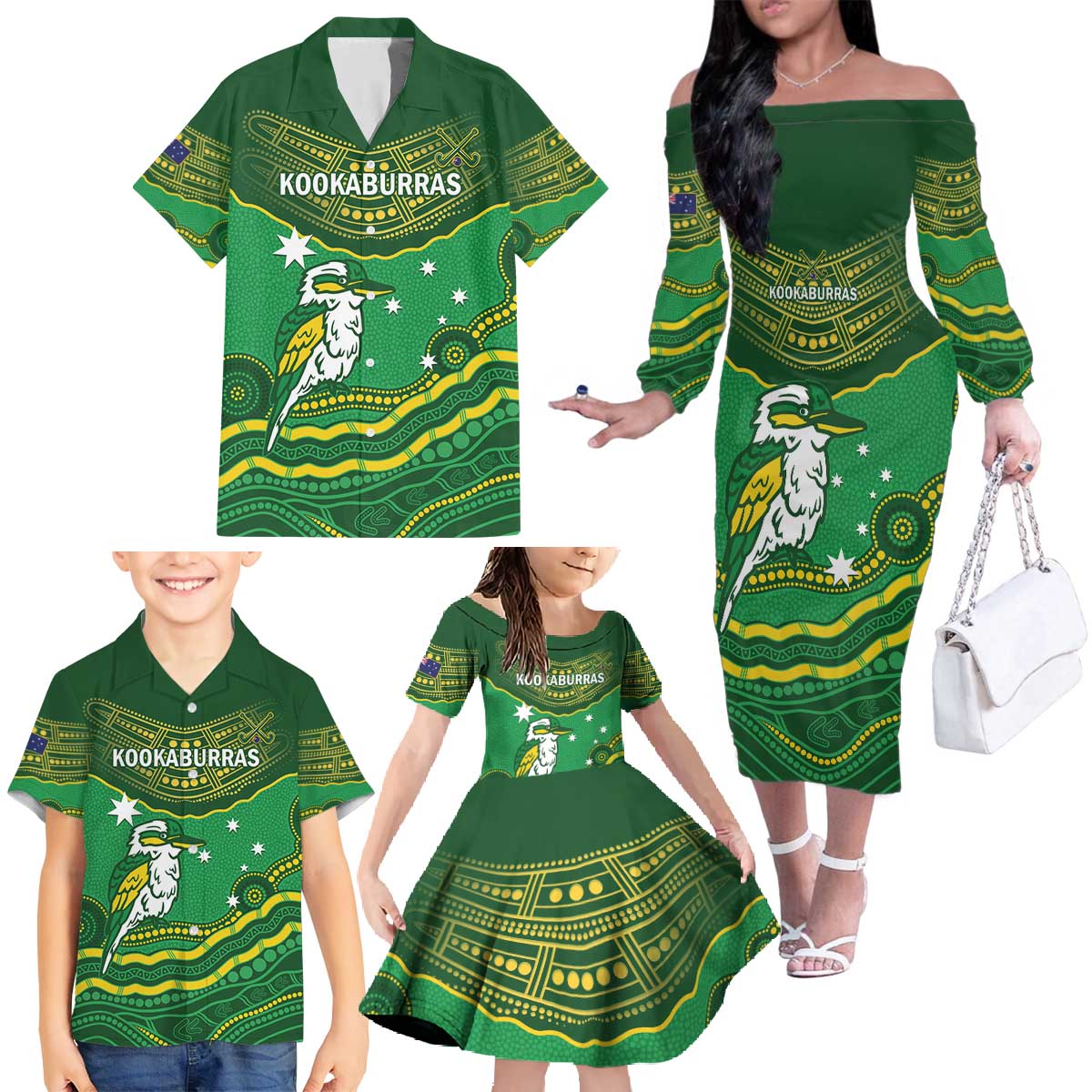 Custom Australia Kookaburras Family Matching Off The Shoulder Long Sleeve Dress and Hawaiian Shirt Indigenous Art
