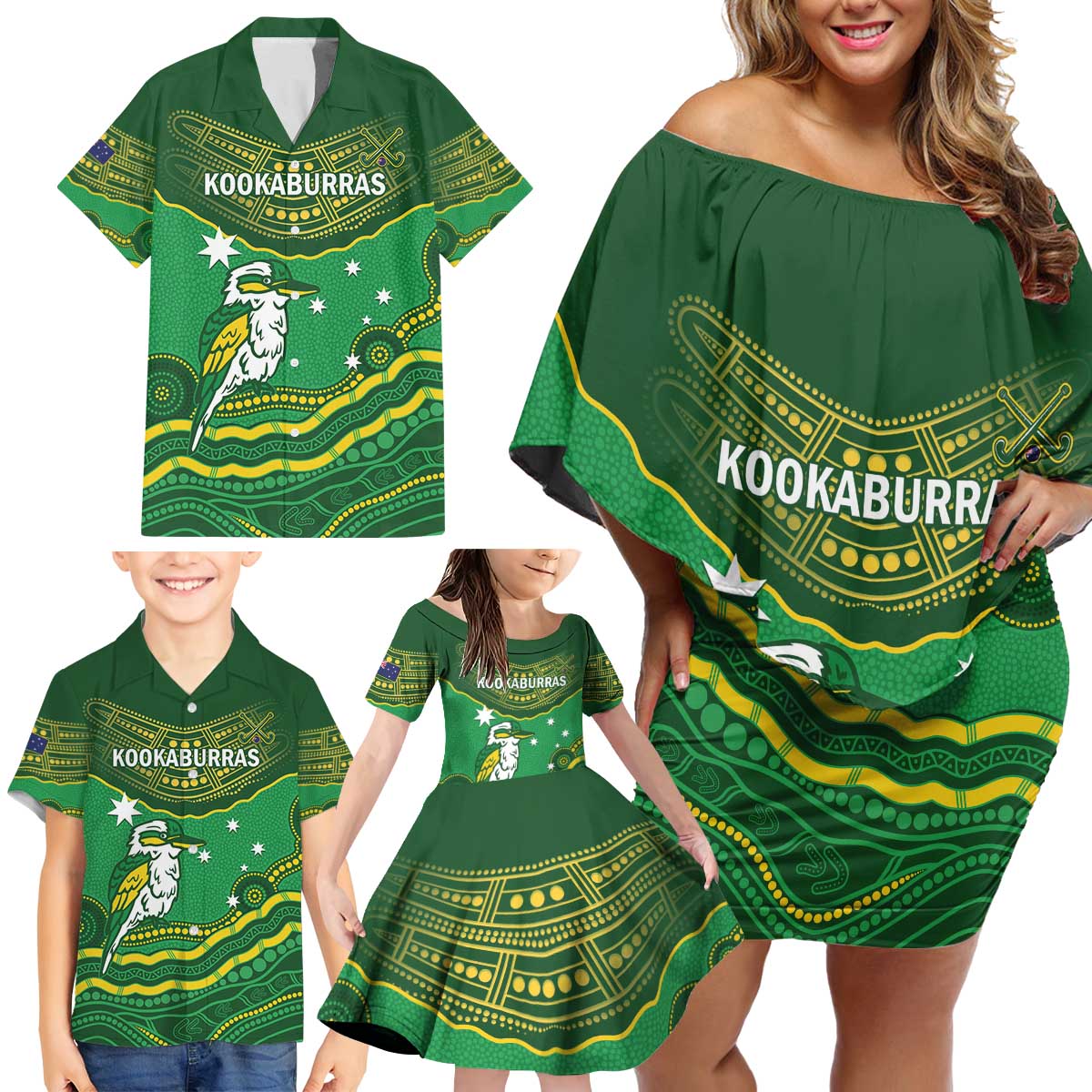 Custom Australia Kookaburras Family Matching Off Shoulder Short Dress and Hawaiian Shirt Indigenous Art