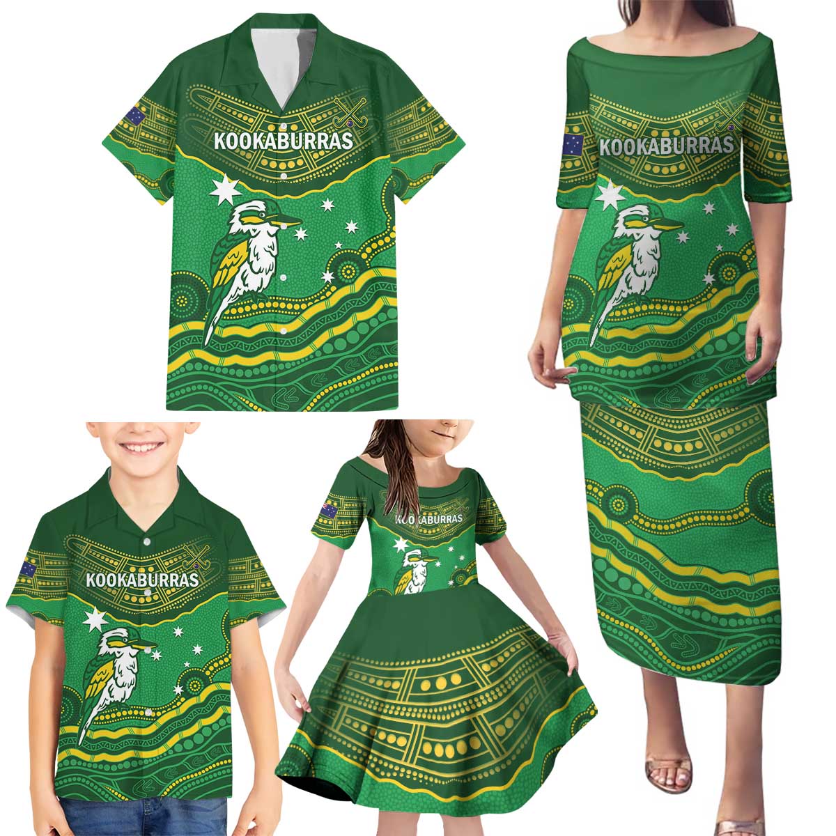 Custom Australia Kookaburras Family Matching Puletasi and Hawaiian Shirt Indigenous Art