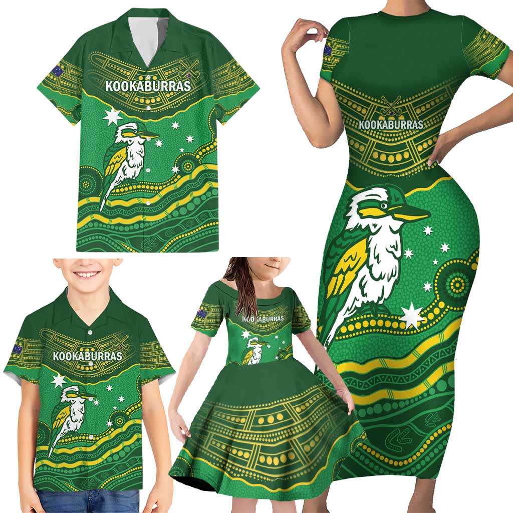 Custom Australia Kookaburras Family Matching Short Sleeve Bodycon Dress and Hawaiian Shirt Indigenous Art