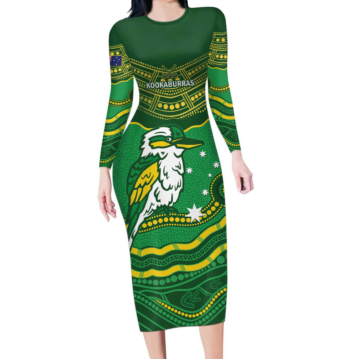 Custom Australia Kookaburras Long Sleeve Bodycon Dress Indigenous Art