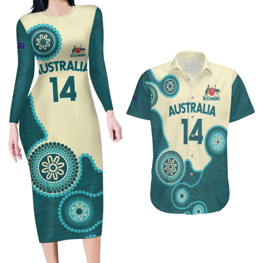 Custom Australia Boomers Couples Matching Long Sleeve Bodycon Dress and Hawaiian Shirt Aboriginal With Marble Pattern - Cyan