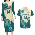 Custom Australia Boomers Couples Matching Long Sleeve Bodycon Dress and Hawaiian Shirt Aboriginal With Marble Pattern - Cyan