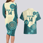 Custom Australia Boomers Couples Matching Long Sleeve Bodycon Dress and Hawaiian Shirt Aboriginal With Marble Pattern - Cyan