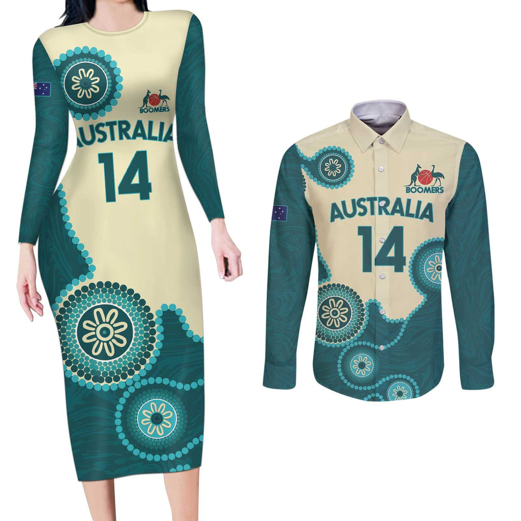 Custom Australia Boomers Couples Matching Long Sleeve Bodycon Dress and Long Sleeve Button Shirt Aboriginal With Marble Pattern - Cyan