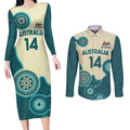 Custom Australia Boomers Couples Matching Long Sleeve Bodycon Dress and Long Sleeve Button Shirt Aboriginal With Marble Pattern - Cyan