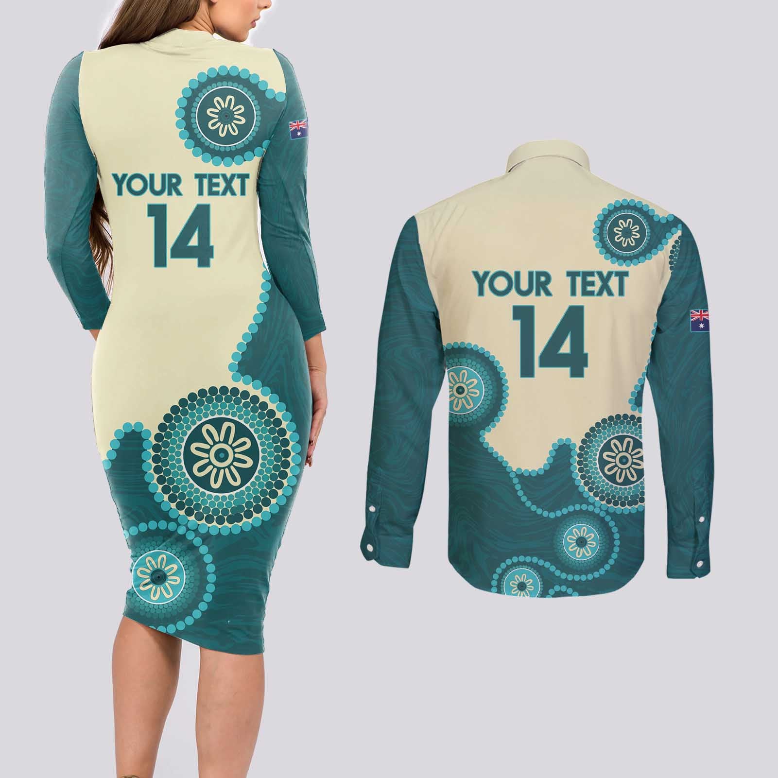 Custom Australia Boomers Couples Matching Long Sleeve Bodycon Dress and Long Sleeve Button Shirt Aboriginal With Marble Pattern - Cyan
