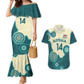 Custom Australia Boomers Couples Matching Mermaid Dress and Hawaiian Shirt Aboriginal With Marble Pattern - Cyan