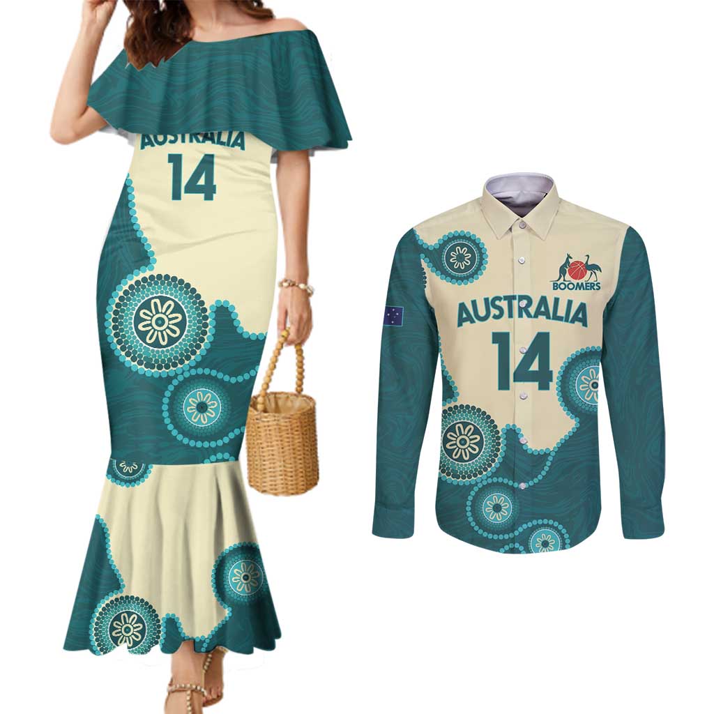 Custom Australia Boomers Couples Matching Mermaid Dress and Long Sleeve Button Shirt Aboriginal With Marble Pattern - Cyan