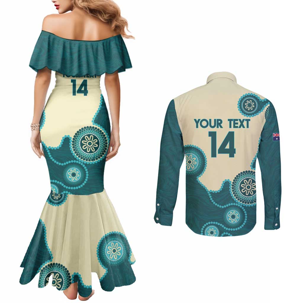 Custom Australia Boomers Couples Matching Mermaid Dress and Long Sleeve Button Shirt Aboriginal With Marble Pattern - Cyan