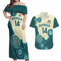 Custom Australia Boomers Couples Matching Off Shoulder Maxi Dress and Hawaiian Shirt Aboriginal With Marble Pattern - Cyan