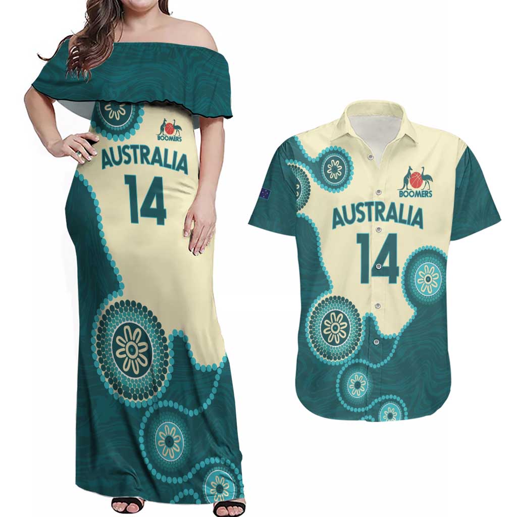 Custom Australia Boomers Couples Matching Off Shoulder Maxi Dress and Hawaiian Shirt Aboriginal With Marble Pattern - Cyan