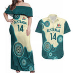 Custom Australia Boomers Couples Matching Off Shoulder Maxi Dress and Hawaiian Shirt Aboriginal With Marble Pattern - Cyan