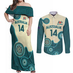 Custom Australia Boomers Couples Matching Off Shoulder Maxi Dress and Long Sleeve Button Shirt Aboriginal With Marble Pattern - Cyan